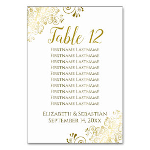 Gold Frills Elegant White Wedding Seating Chart Table Number