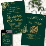 Gold Frills Emerald Green Elegant QR Code Wedding Invitation<br><div class="desc">This beautiful wedding invitation is stylish, simple and elegant. It features gold script lettering on an emerald green background with floral faux foil filigree in each corner. The understated design is offset by the ornate frills and swirls of the artwork. The back has a customizable QR code and details note...</div>
