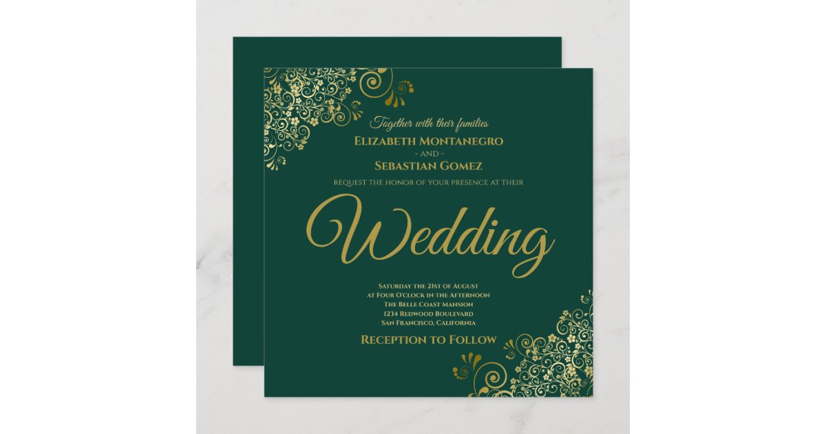 Gold Frills Emerald Green Elegant Square Wedding Invitation | Zazzle.com