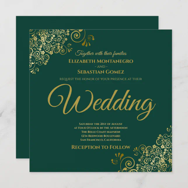 Gold Frills Emerald Green Elegant Square Wedding Invitation | Zazzle