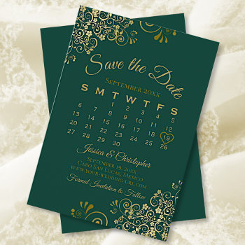 Gold Frills Emerald Green Elegant Wedding Calendar Save The Date by ZingerBug at Zazzle