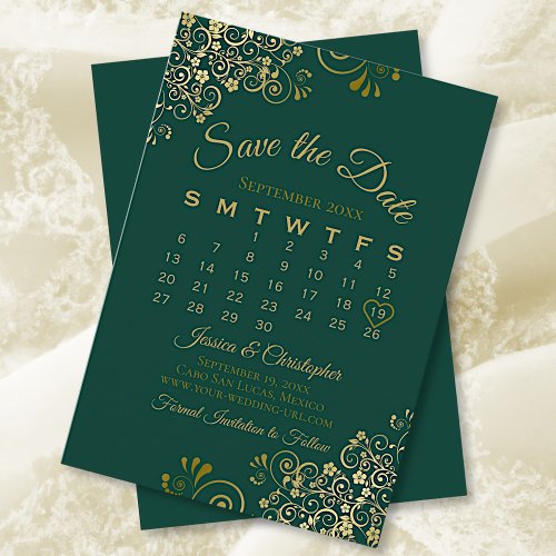 Gold Frills Emerald Green Elegant Wedding Calendar Save The Date