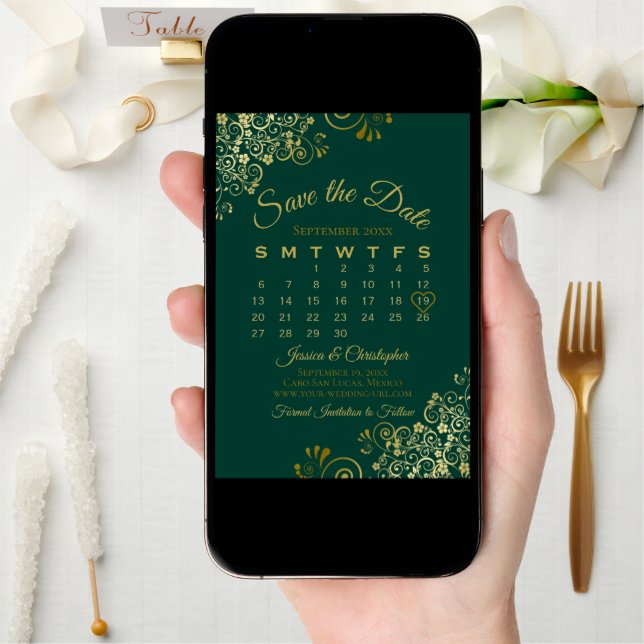 Gold Frills Emerald Green Elegant Wedding Calendar Save The Date (Front Digital)