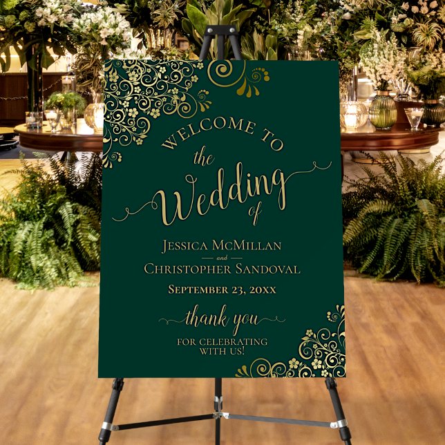 Gold Frills Emerald Green Elegant Wedding Welcome Foam Board (In Situ on Stand with Flowers)