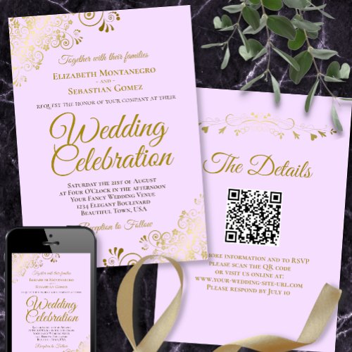Gold Frills  Lilac Purple Elegant QR Code Wedding Invitation