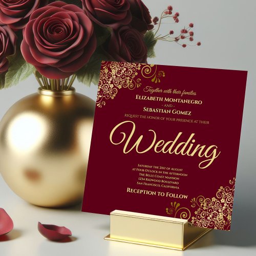 Gold Frills Maroon Burgundy Elegant Square Wedding Invitation
