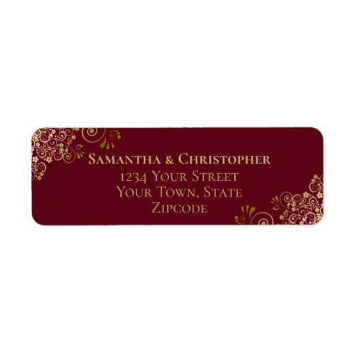 Gold Frills Maroon Burgundy Wedding Return Address Label