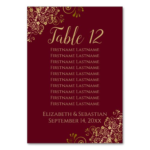 Gold Frills Maroon Burgundy Wedding Seating Chart Table Number