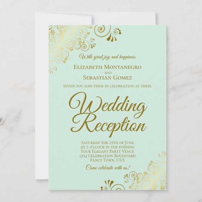 Gold Frills & Mint Green Elegant Wedding Reception Invitation (Front)