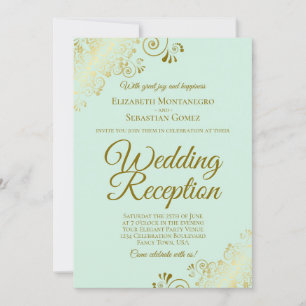 Gold Frills & Mint Green Elegant Wedding Reception Invitation