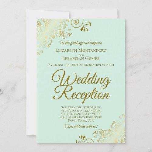 Gold Frills  Mint Green Elegant Wedding Reception Invitation