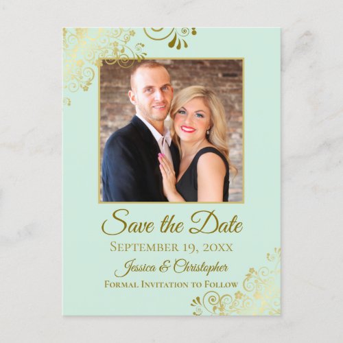 Gold Frills Mint Green Wedding Save the Date Photo Announcement Postcard