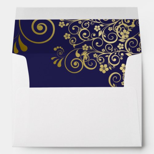Gold Frills  Navy Blue Inside Elegant Wedding Envelope