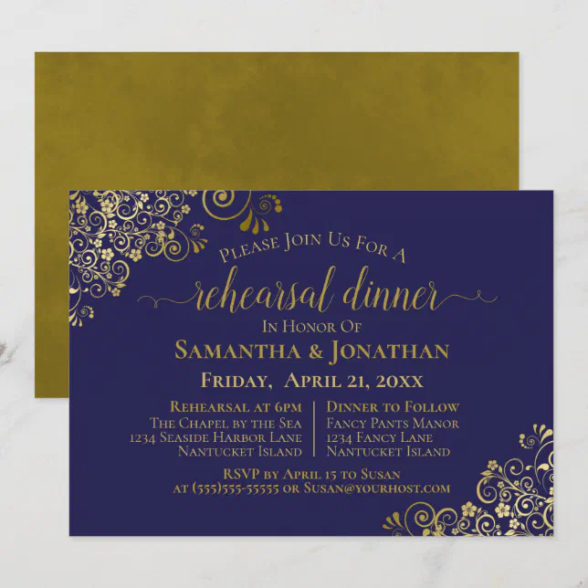 Gold Frills Navy Blue Wedding Rehearsal & Dinner Invitation | Zazzle