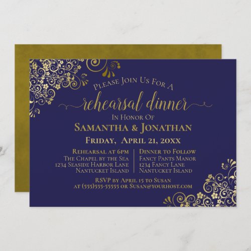 Gold Frills Navy Blue Wedding Rehearsal  Dinner Invitation