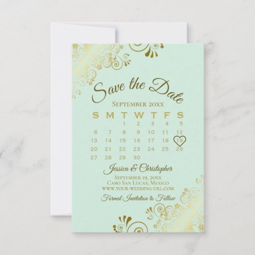 Gold Frills Neo Mint Green Chic Wedding Calendar Save The Date