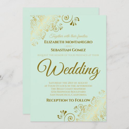 Gold Frills Neo Mint Green Chic Wedding Invitation