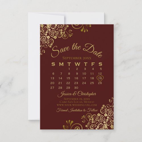 Gold Frills on Auburn Elegant Wedding Calendar Save The Date