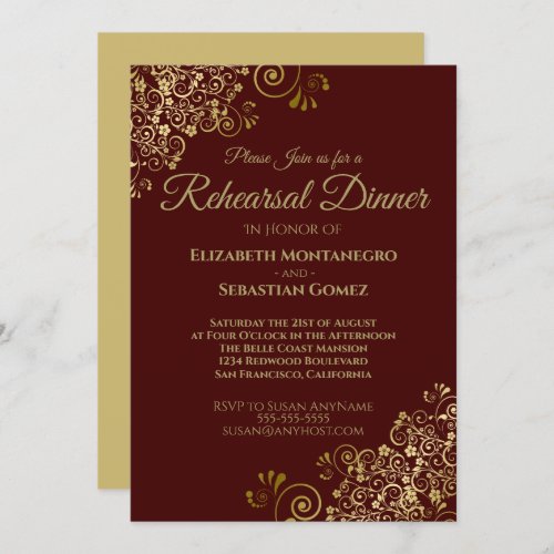 Gold Frills on Auburn Wedding Rehearsal Dinner Invitation