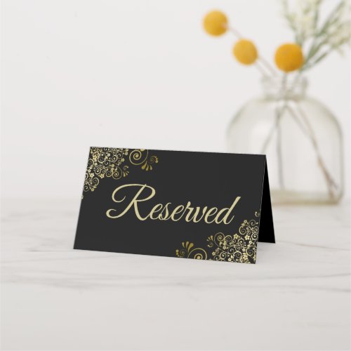 Gold Frills on Black Elegant Wedding Reserved Place Card