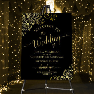 Gold Frills on Black Elegant Wedding Welcome Foam Board