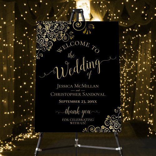 Gold Frills on Black Elegant Wedding Welcome Foam Board