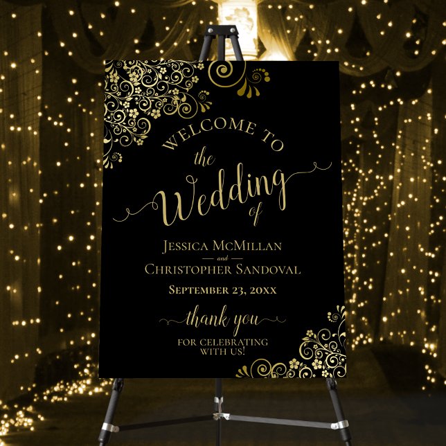 Gold Frills on Black Elegant Wedding Welcome Foam Board (In Situ on Stand with Lights)