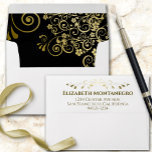 Gold Frills on Black Inside Flap Elegant Wedding Envelope<br><div class="desc">This beautiful wedding envelope is features a black inside flap with gold floral curls and swirls,  and a printed return address on the back. The design is understated and simple,  yet classic,  chic and ornate. Perfect way to make your wedding invitations all the more special.</div>