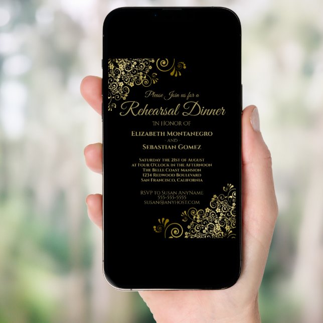 Gold Frills on Black Wedding Rehearsal Dinner Invitation (Front Digital)