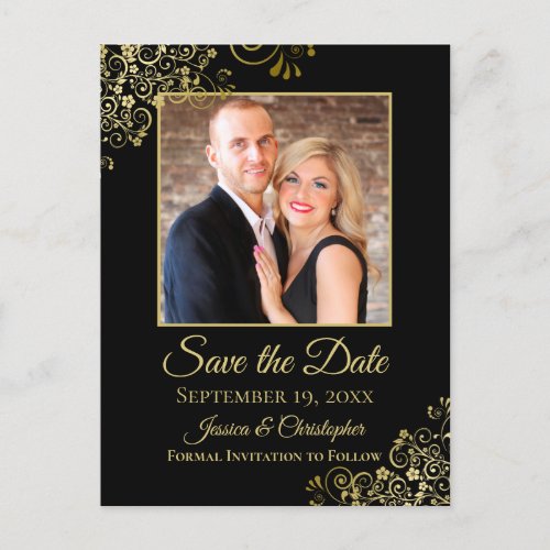 Gold Frills on Black Wedding Save the Date Photo Announcement Postcard