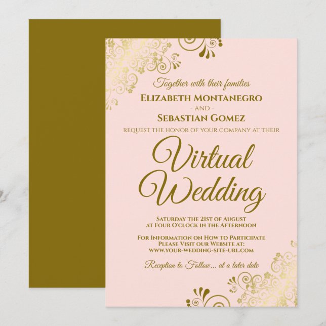Gold Frills on Blush Pink Elegant Virtual Wedding Invitation (Front/Back)