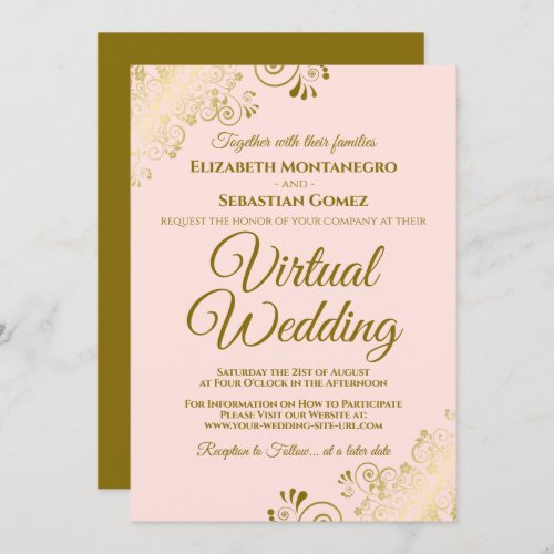 Gold Frills on Blush Pink Elegant Virtual Wedding Invitation