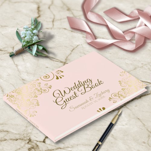 Gold Frills on Blush Pink Elegant Wedding Guest Book