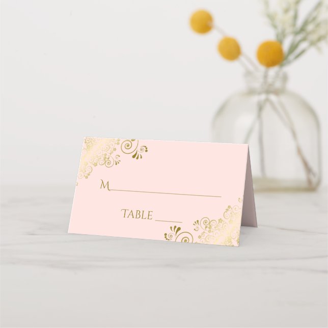 Gold Frills on Blush Pink Elegant Wedding Write-In Place Card (Front)