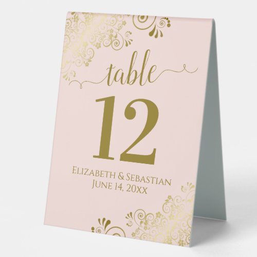 Gold Frills on Blush Pink Wedding Table Number Table Tent Sign