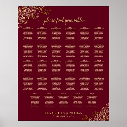Gold Frills on Burgundy 29 Table Seating Chart