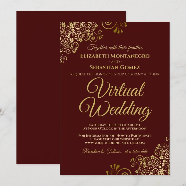 Gold Frills on Burgundy Elegant Virtual Wedding Invitation (Front/Back)