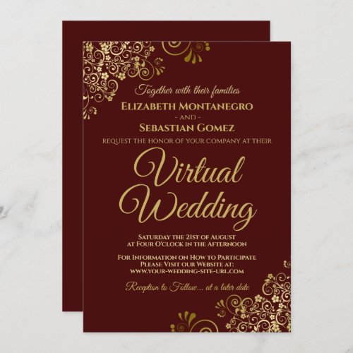 Gold Frills on Burgundy Elegant Virtual Wedding Invitation