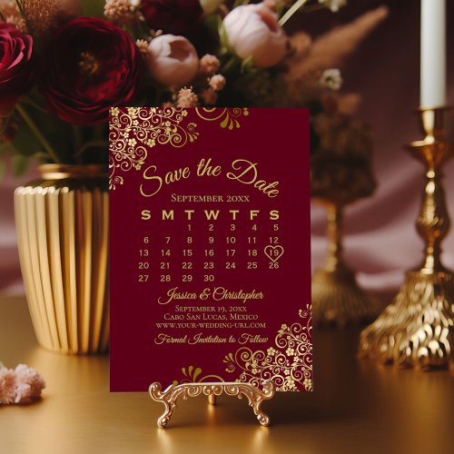 Gold Frills on Burgundy Elegant Wedding Calendar Save The Date