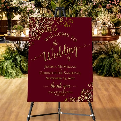 Gold Frills on Burgundy Elegant Wedding Welcome Foam Board