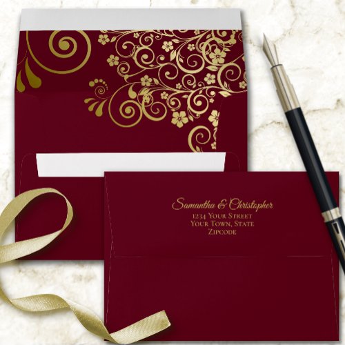 Gold Frills on Burgundy Maroon Elegant Wedding Envelope