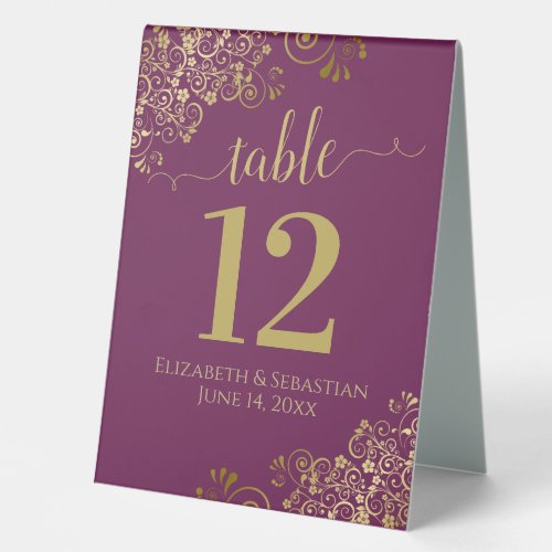 Gold Frills on Cassis Purple Wedding Table Number Table Tent Sign