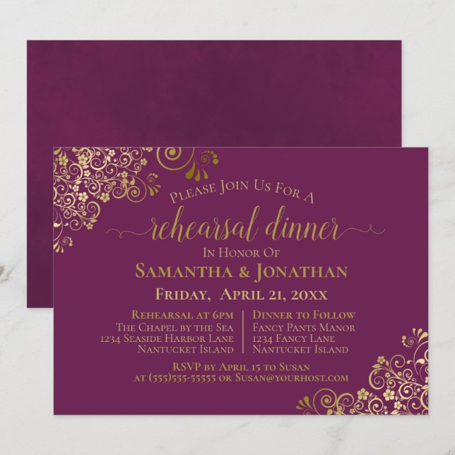 Gold Frills on Cassis Wedding Rehearsal & Dinner Invitation (Front/Back)