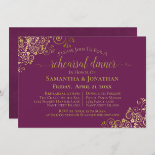Gold Frills on Cassis Wedding Rehearsal & Dinner Invitation