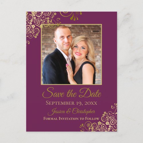 Gold Frills on Cassis Wedding Save the Date Photo Announcement Postcard
