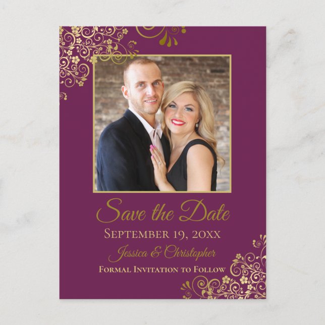 Gold Frills on Cassis Wedding Save the Date Photo Announcement Postcard (Front)