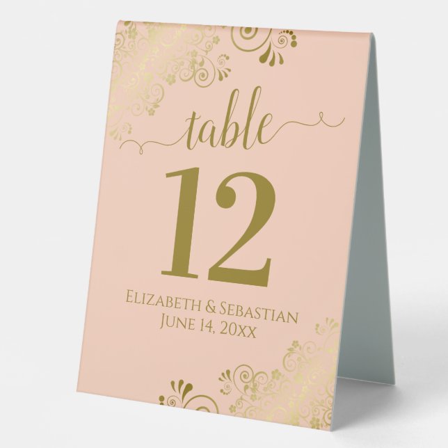 Gold Frills on Coral Peach Wedding Table Number Table Tent (Front)