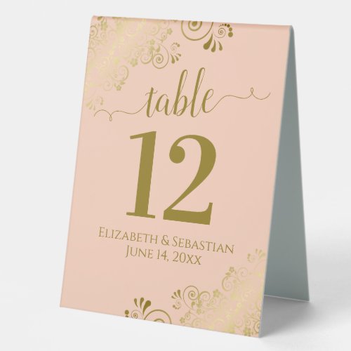 Gold Frills on Coral Peach Wedding Table Number Table Tent Sign