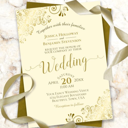 Gold Frills on Cream Elegant Calligraphy Wedding Invitation