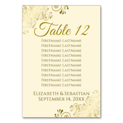 Gold Frills on Cream Elegant Wedding Seating Chart Table Number